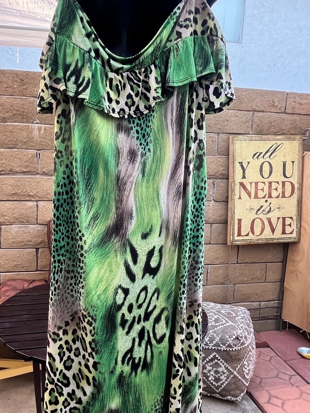 Green Animal Print Off-Shoulder Midi Dress